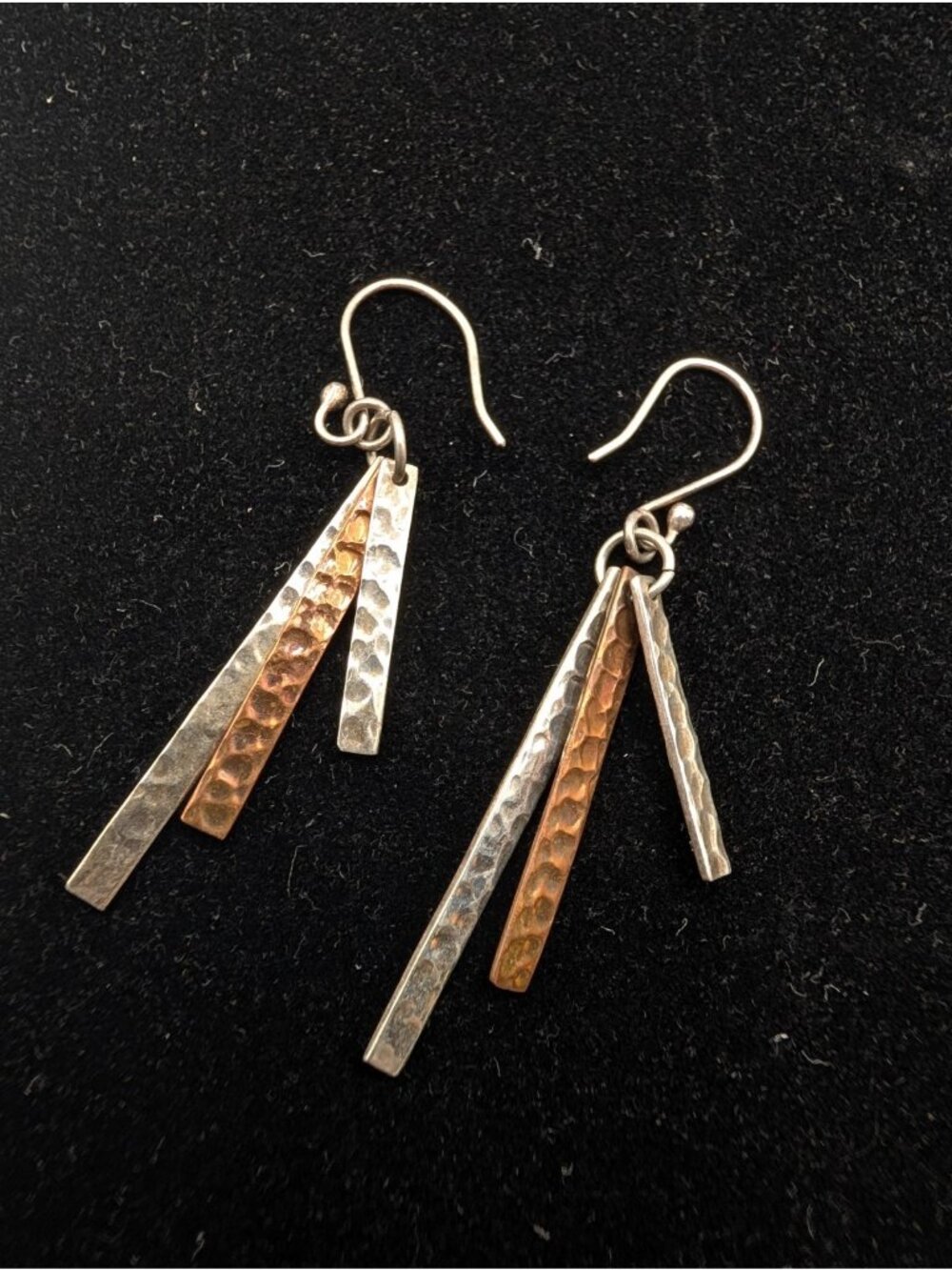 Vtg Earrings dangle Sterling Signed HOB Mexico 925 Hammered Silver & Copper